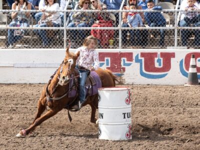 Young girl on horse barrel racing.