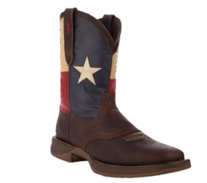 A single cowboy boot with a dark brown foot and shaft featuring a Texas flag design with red, white, and blue sections and a white star.
